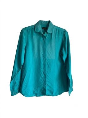 Vintage Gianni Rubino 100% Pure Silk Blouse Teal Turquoise Button Down Top Size